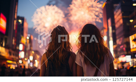 A girl enjoying fireworks in the night sky 125727144