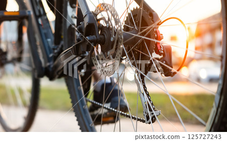 Close Up Of Bicycle Gear Mechanism On A Rear Wheel 125727243