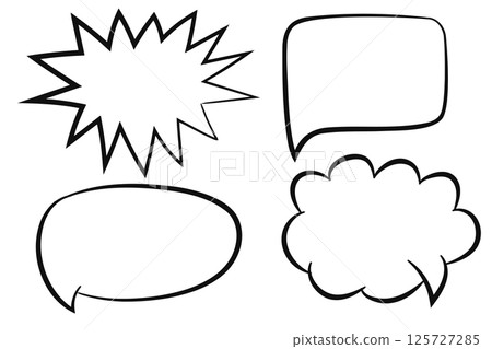 Cartoon speech bubbles in various shapes, including starburst, cloud, and rectangular forms. 125727285