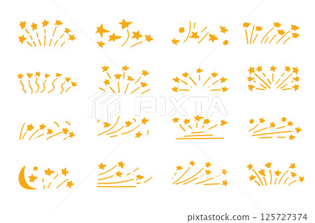 Yellow Doodle Hand-Drawn Fireworks with Stars Elements Collection 125727374