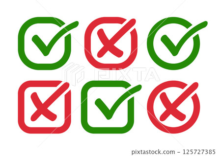 Checkmark icons green and red right and wrong choices on isolated white background. Check mark true and false symbol tick sign. Approved symbol. 125727385