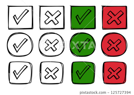 Hand-Drawn Checkbox and Cross Icons Collection 125727394