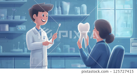 A dentist holding a toothbrush and explaining proper brushing techniques while . 125727415