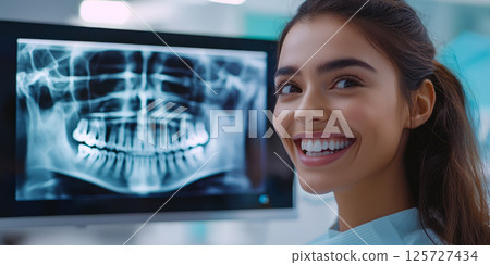 The dentist showing a happy patient her dental X-rays on a screen , understanding her dental care progress. 125727434