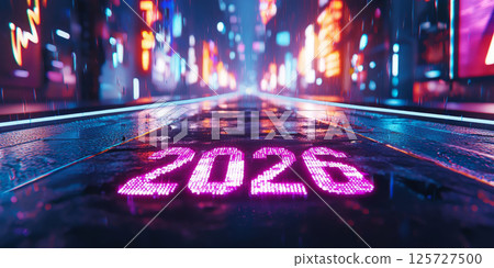Futuristic glowing road with 2026 written in neon, sci-fi style background , New year 125727500