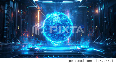 Futuristic tech showcase podium with pulsating blue neon lights, sleek metallic accents, and a high-energy sci-fi backdrop Futuristic tech showcase podium with pulsating blue neon lights, sleek metallic accents, and a high-energy sci-fi backdrop 125727501