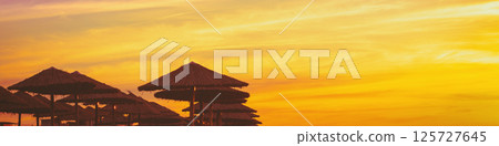Tropical beach scenery with sun parasols. Straw sun umbrellas on the beach at purple-orange sunset. Gradient color. Horizontal banner Tropical beach scenery with sun parasols. Straw sun umbrellas on the beach at purple-orange sunset. Gradient color. Horizontal banner 125727645