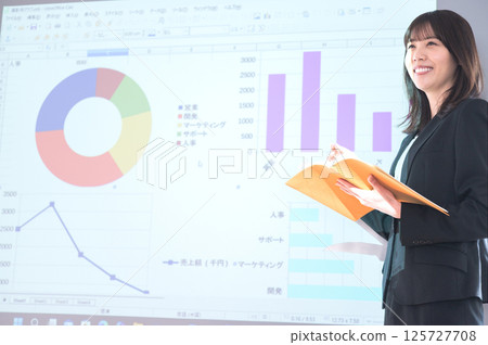 一位身穿西裝的年輕女子在投影機前做演示 125727708