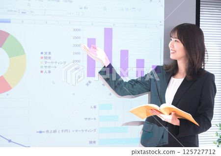 A young woman in a suit giving a presentation in front of a projector 125727712