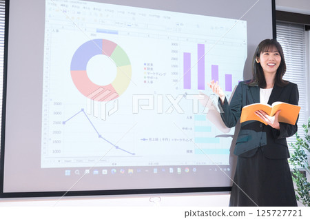 一位身穿西裝的年輕女子在投影機前做演示 125727721