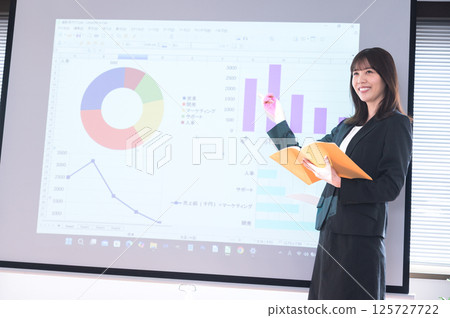 一位身穿西裝的年輕女子在投影機前做演示 125727722