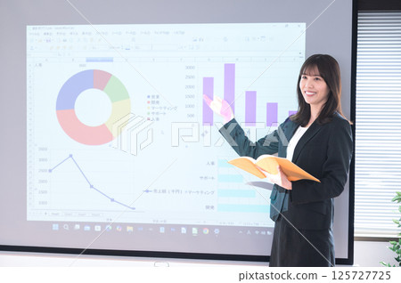一位身穿西裝的年輕女子在投影機前做演示 125727725