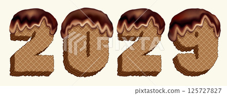 New year figures from waffle cakes. Vector drawing 125727827