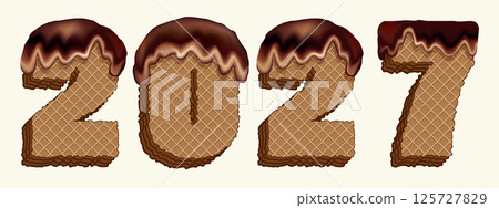 New year figures from waffle cakes. Vector drawing 125727829