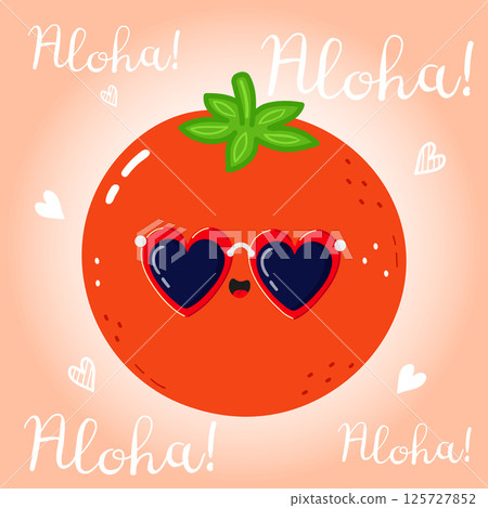 A charming Tomato wearing heart-shaped sunglasses, radiating a joyful Aloha vibe for summer fun. 125727852
