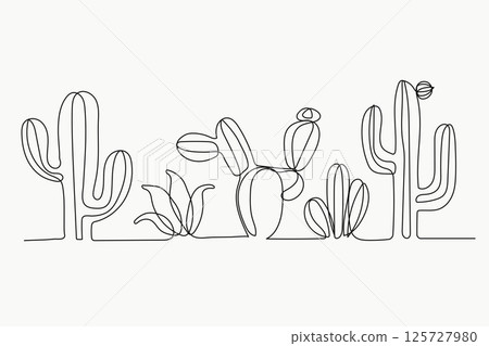 Cactus Continuous Line Art Hand Drawn. Vector illustration 125727980