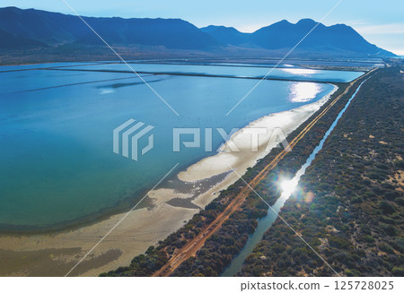 Salty lake in Cabo de Gata Reserve. The Salt Flats of Cabo de Gata. Aerial view. Andalusia Spain. Salty lake in Cabo de Gata Reserve. The Salt Flats of Cabo de Gata. Aerial view. Andalusia Spain. 125728025