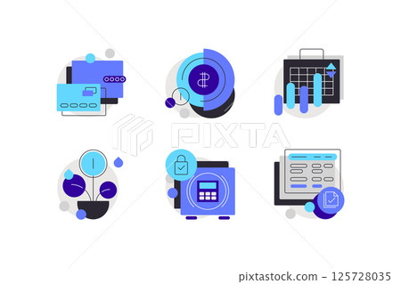 Modern banking service. Bank card, digital wallet, accounting, reports, investment, savings. Set of modern flat and line art icons 125728035