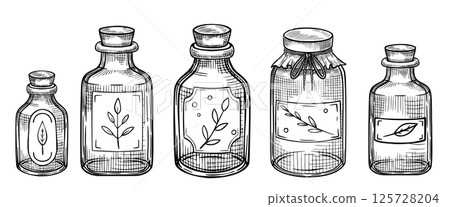 Set of vector Glass Bottles with herb labels. Hand-drawn vintage illustration of kitchen containers in linear style for culinary projects, herbal packaging, apothecary visuals, and organic branding. 125728204