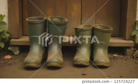 Muddy Boots by Door, Child and Adult Sizes Muddy Boots by Door, Child and Adult Sizes 125728227
