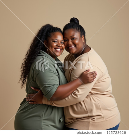 Plus size African American lesbian couple hugging and smiling, casual modern style, neutral studio background, showing love and body positivity. 125728626