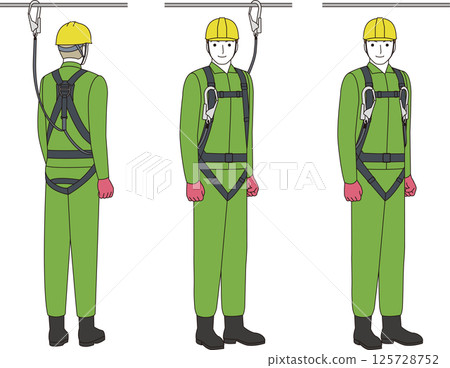 一名建築工人佩戴防墜落安全帶和掛繩 125728752
