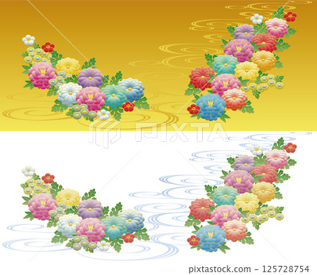 Background material of Japanese-style chrysanthemums, plum blossoms and flowing water patterns. 125728754