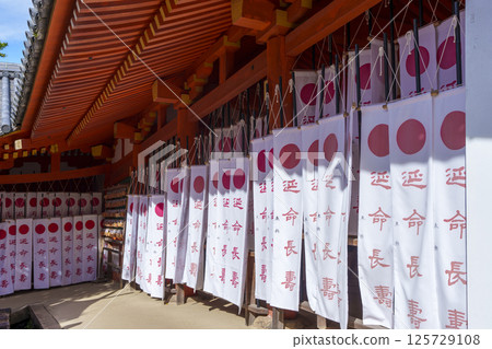 多賀神社的小神社周圍有一排寫著“長壽”字樣的橫幅。 125729108
