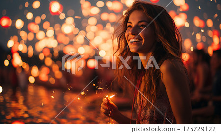 Fantastic woman enjoying the night festival Fantastic woman enjoying the night festival 125729122