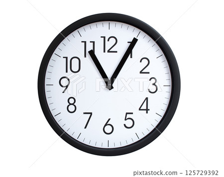 Simple round wall clock with black frame and white face, showing the time exactly at 11:05 or 23:05. Representing time precision in concepts of deadlines. Simple round wall clock with black frame and white face, showing the time exactly at 11:05 or 23:05. Representing time precision in concepts of deadlines. 125729392