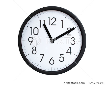 Simple round wall clock with black frame and white face, showing the time exactly at 11:10 or 23:10. Representing time precision in concepts of deadlines. 125729393