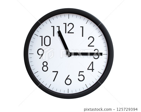 Simple round wall clock with black frame and white face, showing the time exactly at 11:15 or 23:15. Representing time precision in concepts of deadlines. 125729394