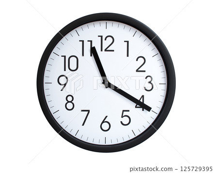 Simple round wall clock with black frame and white face, showing the time exactly at 11:20 or 23:20. Representing time precision in concepts of deadlines. Simple round wall clock with black frame and white face, showing the time exactly at 11:20 or 23:20. Representing time precision in concepts of deadlines. 125729395