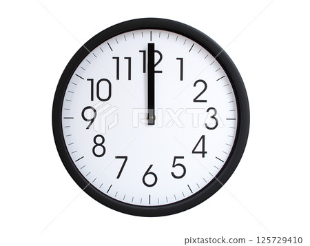 Simple round wall clock with black frame and white face, showing the time exactly at 00:00 or 12:00. Representing time precision in concepts of deadlines. Simple round wall clock with black frame and white face, showing the time exactly at 00:00 or 12:00. Representing time precision in concepts of deadlines. 125729410