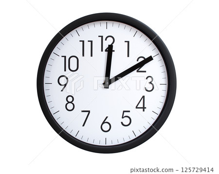 Simple round wall clock with black frame and white face, showing the time exactly at 00:10 or 12:10. Representing time precision in concepts of deadlines. Simple round wall clock with black frame and white face, showing the time exactly at 00:10 or 12:10. Representing time precision in concepts of deadlines. 125729414