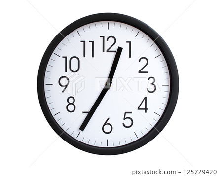 Simple round wall clock with black frame and white face, showing the time exactly at 00:35 or 12:35. Representing time precision in concepts of deadlines. 125729420