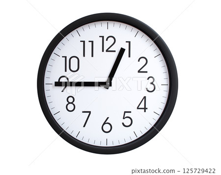 Simple round wall clock with black frame and white face, showing the time exactly at 00:45 or 12:45. Representing time precision in concepts of deadlines. 125729422