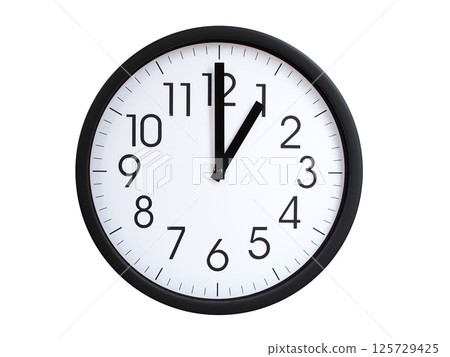 Simple round wall clock with black frame and white face, showing the time exactly at 01:00 or 13:00. Representing time precision in concepts of deadlines. 125729425