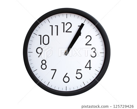 Simple round wall clock with black frame and white face, showing the time exactly at 01:05 or 13:05. Representing time precision in concepts of deadlines. 125729426