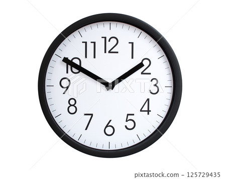 Simple round wall clock with black frame and white face, showing the time exactly at 01:50 or 13:50. Representing time precision in concepts of deadlines. 125729435