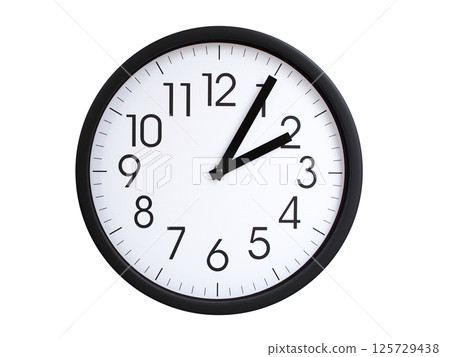 Simple round wall clock with black frame and white face, showing the time exactly at 02:05 or 14:05. Representing time precision in concepts of deadlines. Simple round wall clock with black frame and white face, showing the time exactly at 02:05 or 14:05. Representing time precision in concepts of deadlines. 125729438