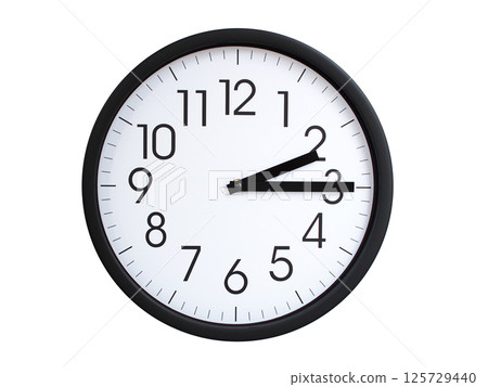 Simple round wall clock with black frame and white face, showing the time exactly at 02:15 or 14:15. Representing time precision in concepts of deadlines. Simple round wall clock with black frame and white face, showing the time exactly at 02:15 or 14:15. Representing time precision in concepts of deadlines. 125729440