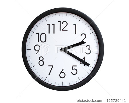 Simple round wall clock with black frame and white face, showing the time exactly at 02:20 or 14:20. Representing time precision in concepts of deadlines. 125729441