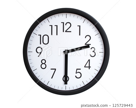 Simple round wall clock with black frame and white face, showing the time exactly at 02:30 or 14:30. Representing time precision in concepts of deadlines. Simple round wall clock with black frame and white face, showing the time exactly at 02:30 or 14:30. Representing time precision in concepts of deadlines. 125729443