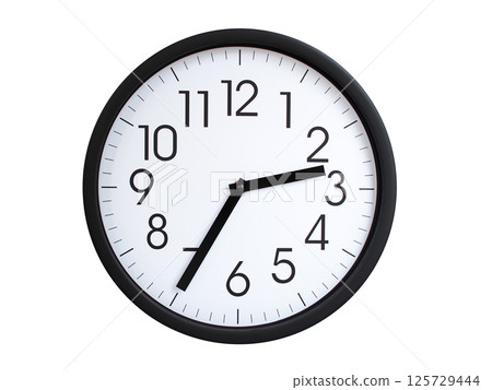 Simple round wall clock with black frame and white face, showing the time exactly at 02:35 or 14:35. Representing time precision in concepts of deadlines. 125729444
