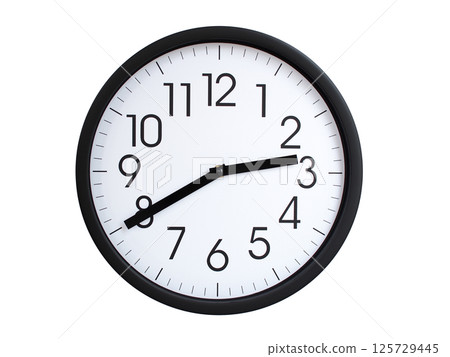 Simple round wall clock with black frame and white face, showing the time exactly at 02:40 or 14:40. Representing time precision in concepts of deadlines. Simple round wall clock with black frame and white face, showing the time exactly at 02:40 or 14:40. Representing time precision in concepts of deadlines. 125729445