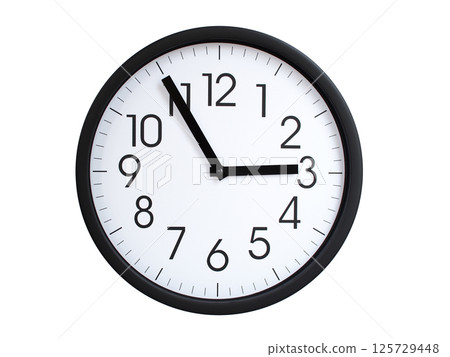 Simple round wall clock with black frame and white face, showing the time exactly at 02:55 or 14:55. Representing time precision in concepts of deadlines. 125729448