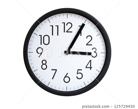 Simple round wall clock with black frame and white face, showing the time exactly at 03:05 or 15:05. Representing time precision in concepts of deadlines. 125729450