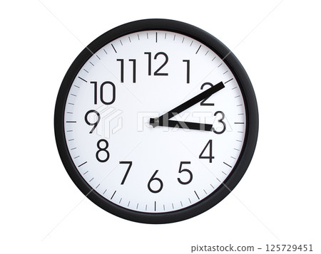 Simple round wall clock with black frame and white face, showing the time exactly at 03:10 or 15:10. Representing time precision in concepts of deadlines. 125729451