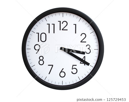 Simple round wall clock with black frame and white face, showing the time exactly at 03:20 or 15:20. Representing time precision in concepts of deadlines. Simple round wall clock with black frame and white face, showing the time exactly at 03:20 or 15:20. Representing time precision in concepts of deadlines. 125729453